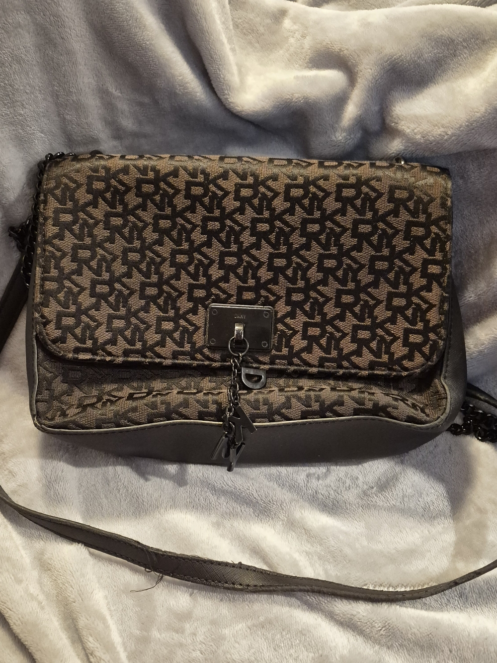 DKNY Brown Monogram Chain-Trim Crossbody Bag